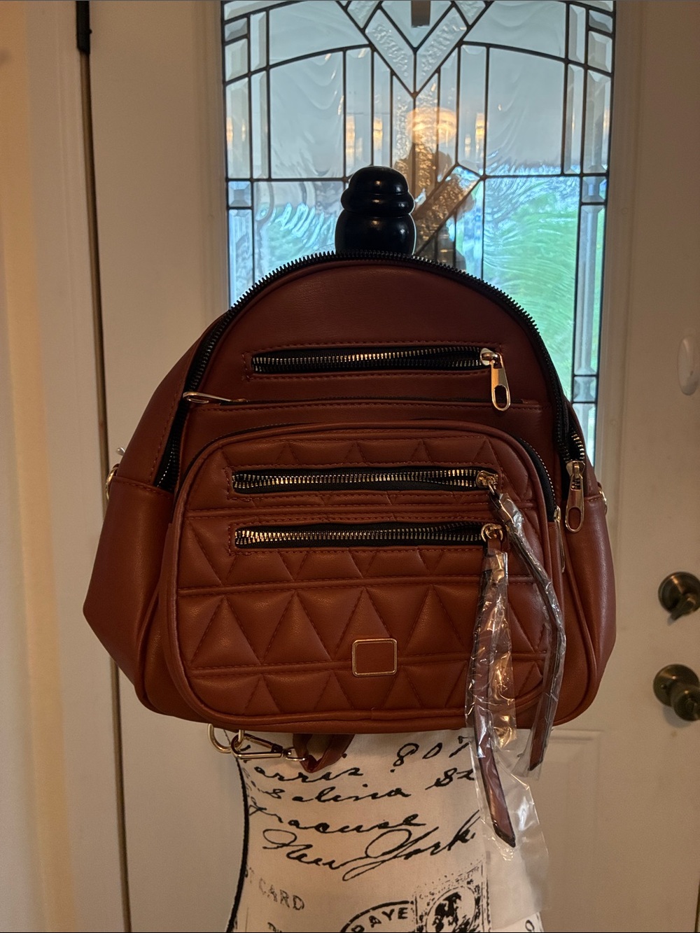 New with tags-Quilted Faux Leather Brown Women's Backpack with Gold Accents